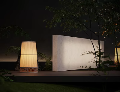 Japanese Style Floor Lamp In Garden With Greenery And Stone 3d model