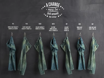 Denim Clothes Displayed On Hooks Against Dark Background 3d model