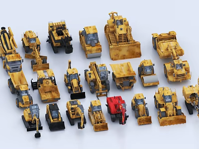 Various Yellow Construction Vehicle Models With Bulldozers Excavators Loaders And A Red One 3d model