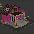 Wooden Log Cabin with Black Roof Skylight Front Porch Chairs Table and Potted Plants