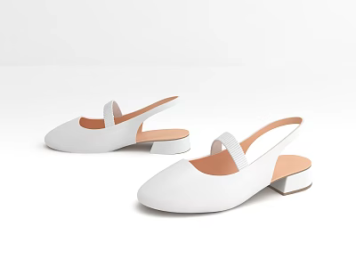 White Minimalist Slingback Shoes With Low Block Heel And Round Toe Design 3d model