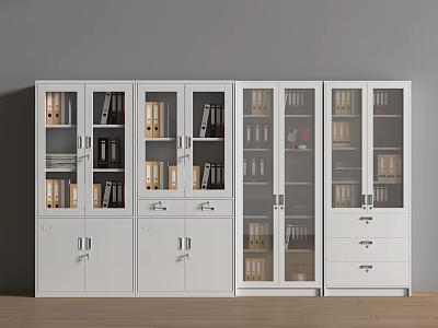 White Office Filing Cabinets With Glass Doors Drawers And Organized Folders 3d model