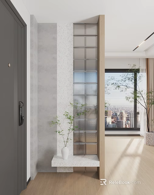 Glass Block Partition Design With Green Plants And City View Window In Bright Interior 3d model 