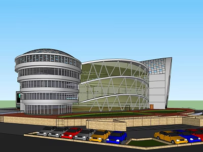 Modern Commercial Complex With Curved Glass Facade Parking Lot And Multiple Cars 3d model