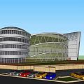Modern Commercial Complex With Curved Glass Facade Parking Lot And Multiple Cars
