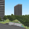 Modern High Rise Residential Buildings Featuring Lush Greenery Trees And Street Scene