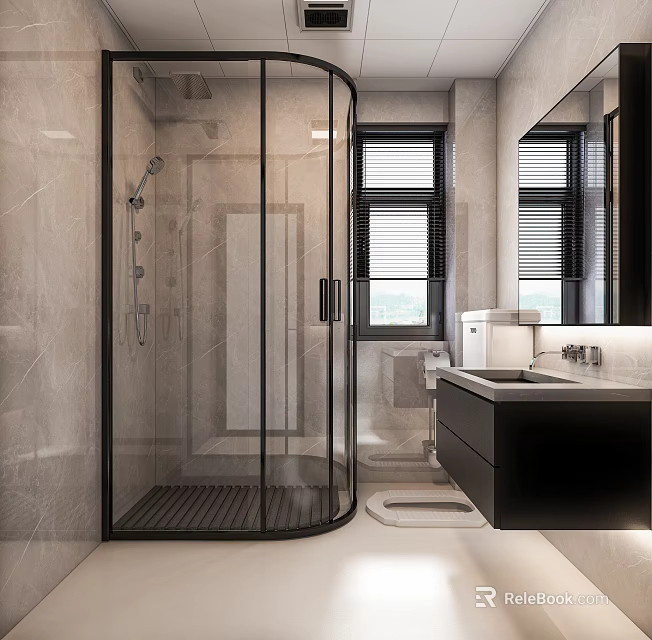 Modern Bathroom Interior With Glass Shower Enclosure Gray Marble Walls And Black Vanity 3d model 