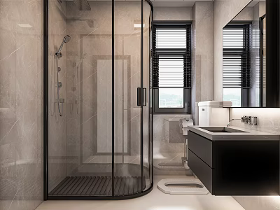 Modern Bathroom Interior With Glass Shower Enclosure Gray Marble Walls And Black Vanity 3d model