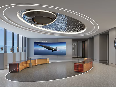 Modern Exhibition Hall Interior With Circular Ceiling Large Airplane Screen And Curved Counters 3d model