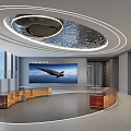 Modern Exhibition Hall Interior With Circular Ceiling Large Airplane Screen And Curved Counters 3d model