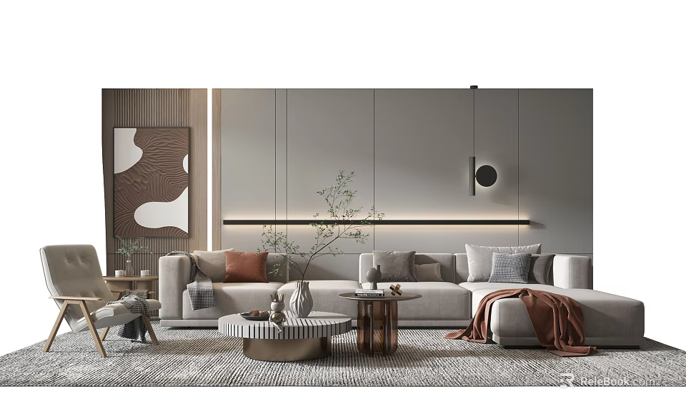 Modern Minimalist Sofa and Coffee Table Set with Throw Pillows Rug and Wall Decor 3d model 