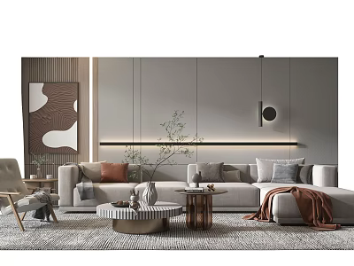 Modern Minimalist Sofa and Coffee Table Set with Throw Pillows Rug and Wall Decor 3d model