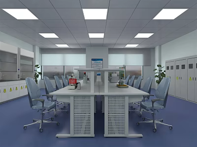 Modern Laboratory With Long Table Chairs Blue Flooring Storage Cabinets And Ceiling Lights 3d model
