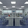 Modern Laboratory With Long Table Chairs Blue Flooring Storage Cabinets And Ceiling Lights 3d model