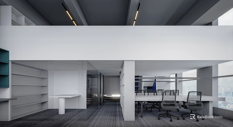 Modern Public Office Space With Open Layout Desks Ergonomic Chairs Bookshelves And Large Windows 3d model 