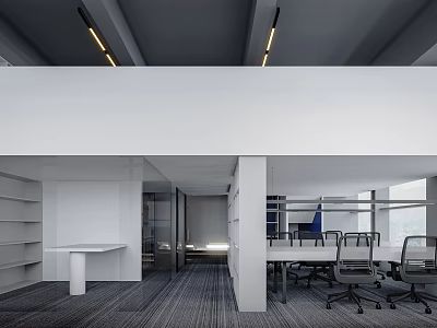 Modern Public Office Space With Open Layout Desks Ergonomic Chairs Bookshelves And Large Windows 3d model