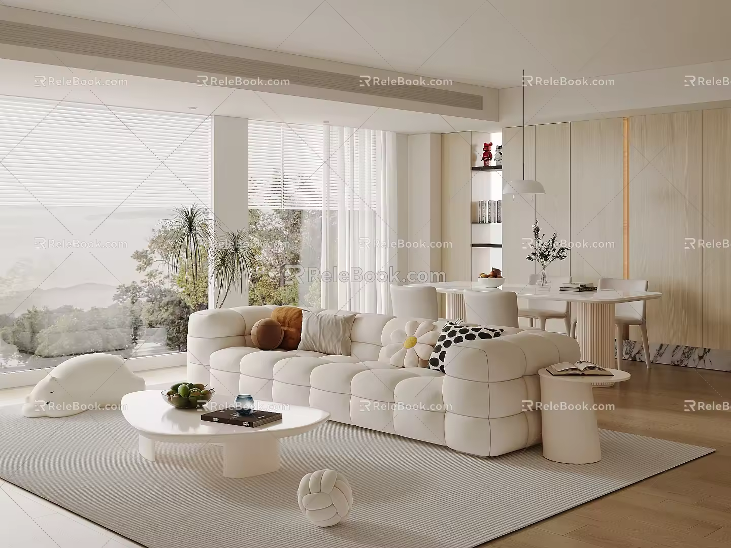 Cream Style Home Guest Restaurant Fabric Sofa Coffee Table Combination Round Coffee Table Dining Table and Chair Combination Backrest Dining Chair Leisure Sofa Chair Floor-to-ceiling Window Decoration Ornaments 3d model