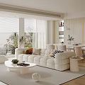 Cream Style Home Guest Restaurant Fabric Sofa Coffee Table Combination Round Coffee Table Dining Table and Chair Combination Backrest Dining Chair Leisure Sofa Chair Floor-to-ceiling Window Decoration Ornaments 3d model