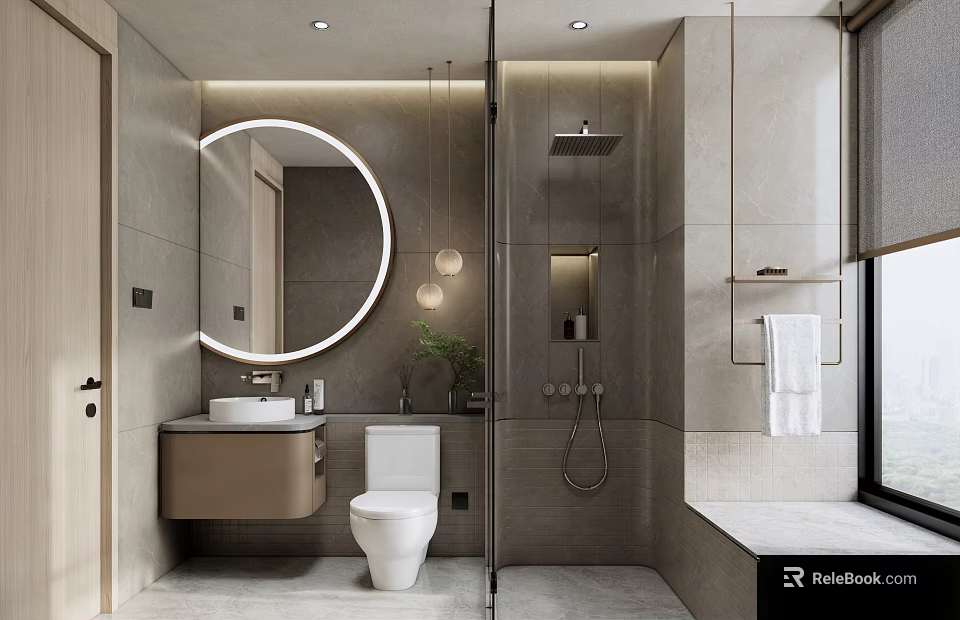 Modern Bathroom Interior With Round Mirror Wall Mounted Sink Toilet Shower Area And Towel Rack 3d model 