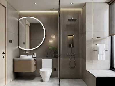 Modern Bathroom Interior With Round Mirror Wall Mounted Sink Toilet Shower Area And Towel Rack 3d model