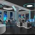 Futuristic Tech Display Featuring Robots On Circular Platforms Blue Screens And Glowing Lines 3d model
