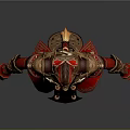 Detailed Game Movie Character in Red Ornate Armor with Golden Intricate Patterns and Decorative Helmet