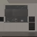 Modern White Wine Cabinet in Kitchen with Grey Panels and Marble Backsplash