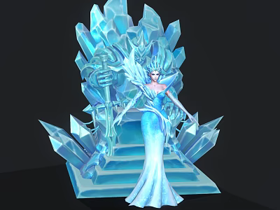 Icy Blue Game And Movie Character On Crystal Ice Throne With Blue Gown And Wings 3d model