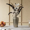 Silver Gray Vase With White Flowers And Feathers Against Beige Wooden Wall In Modern Interior