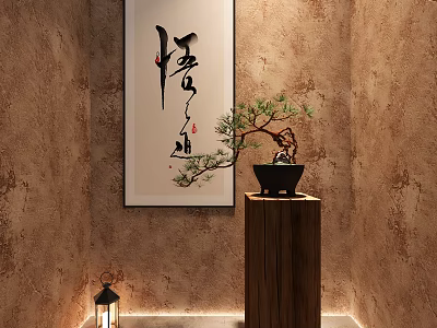 Traditional Bonsai Plant on Wooden Stand with Calligraphy Painting and Textured Wall 3d model