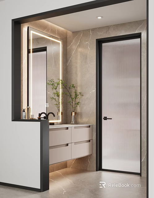 Modern Bathroom Interior Design With Marble Walls Backlit Mirror Vanity And Green Plants 3d model 