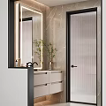 Modern Bathroom Interior Design With Marble Walls Backlit Mirror Vanity And Green Plants