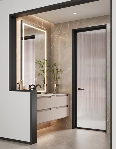 Modern Bathroom Interior Design With Marble Walls Backlit Mirror Vanity And Green Plants 3d model
