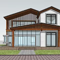 Modern Two Story Detached Villa Featuring Large Glass Windows Wooden Accents and Lush Greenery