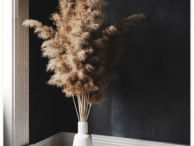 Decorative Ornament Combination With White Vase Dried Pampas Grass Against Dark Wall Corner White Trim 3d model