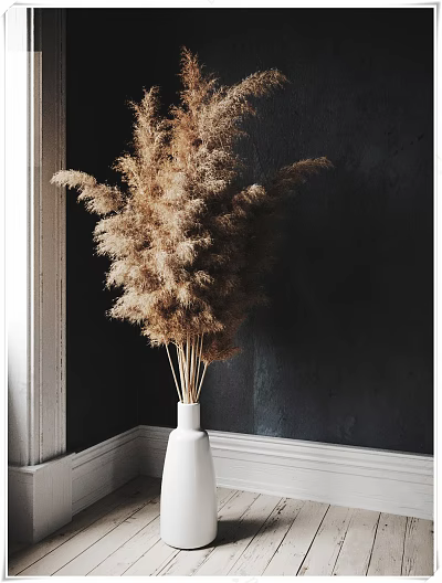 Decorative Ornament Combination With White Vase Dried Pampas Grass Against Dark Wall Corner White Trim 3d model