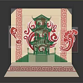 Green Multi Tiered Pagoda Model With Red Traditional Patterned Card And Decorative Base