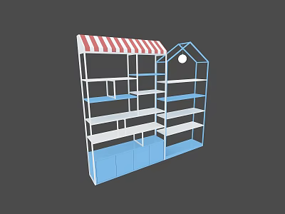 Display Shelves With Red And White Striped Awning Blue Cabinets And House Shaped Top 3d model