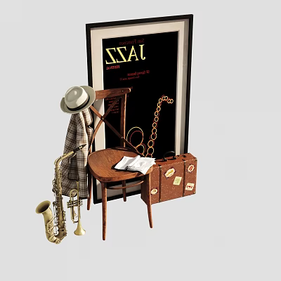 Vintage Decorative Ornament Set With Wooden Chair Hat Saxophone Music Sheet And Poster 3d model