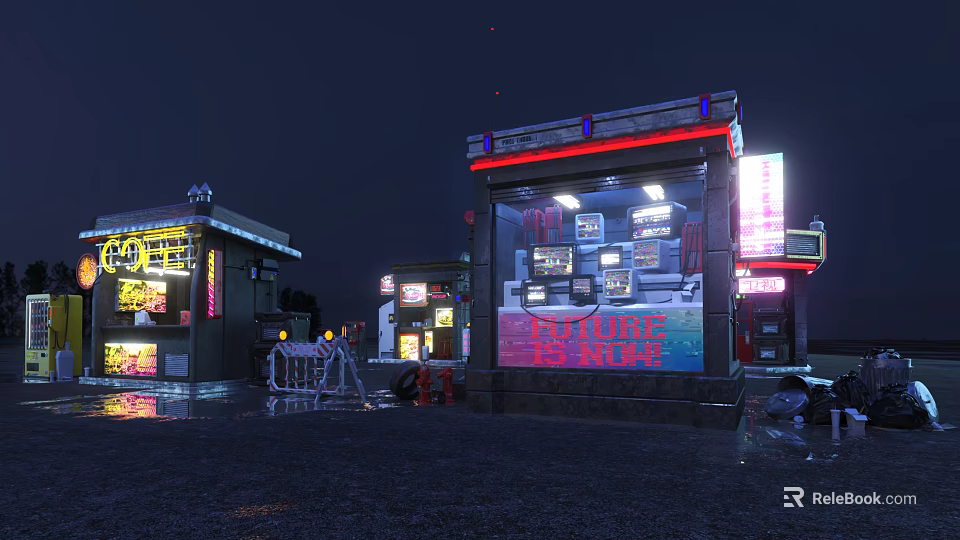 Night Street Store With Neon Lights Glass Window And Wet Ground Illuminated Signboard 3d model 