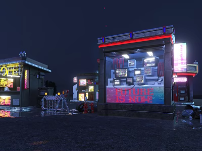Night Street Store With Neon Lights Glass Window And Wet Ground Illuminated Signboard 3d model