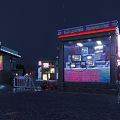 Night Street Store With Neon Lights Glass Window And Wet Ground Illuminated Signboard