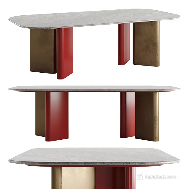 Modern Oval Dining Table With Red And Gold Legs And Light Stone Top Design 3d model