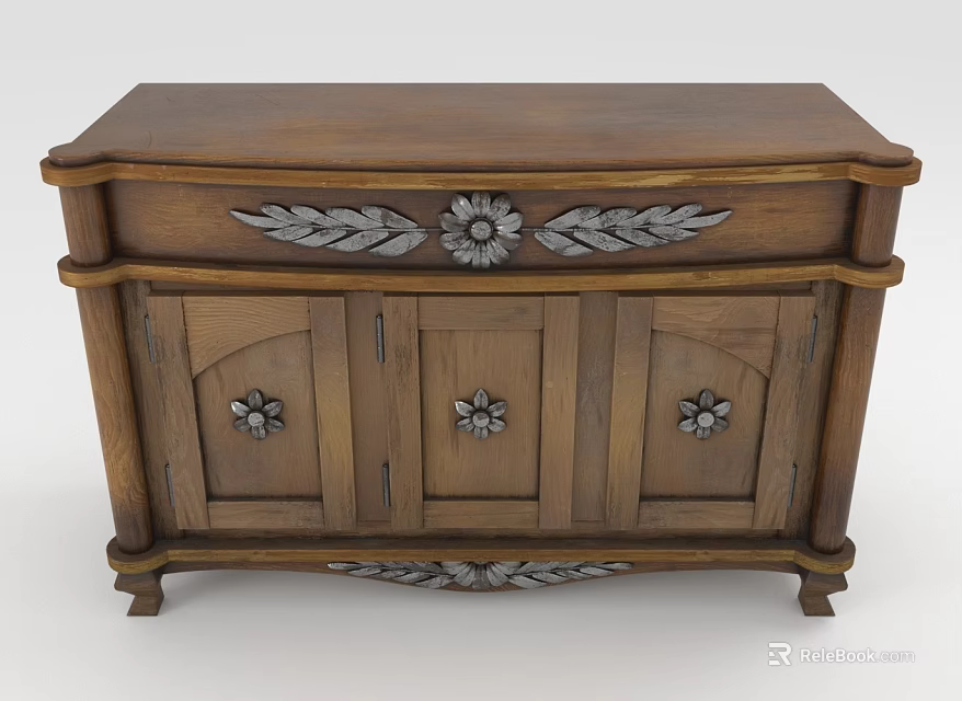 Traditional Wooden Entryway Console Cabinet With Carved Floral Leaf Patterns And Doors 3d model 