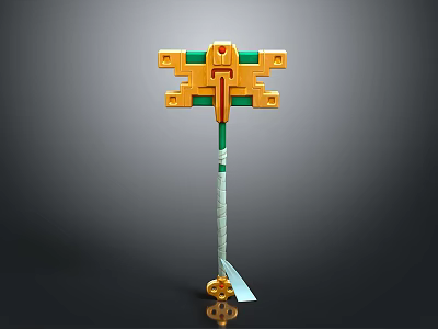 Golden And Green Decorative Weapon With Long Handle Square Top And Blade Tip 3d model