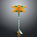 Golden And Green Decorative Weapon With Long Handle Square Top And Blade Tip