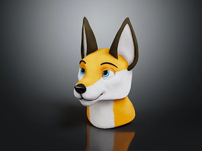 Cartoon Fox Head 3D Model With Yellow White Fur Blue Eyes And Friendly Expression 3d model