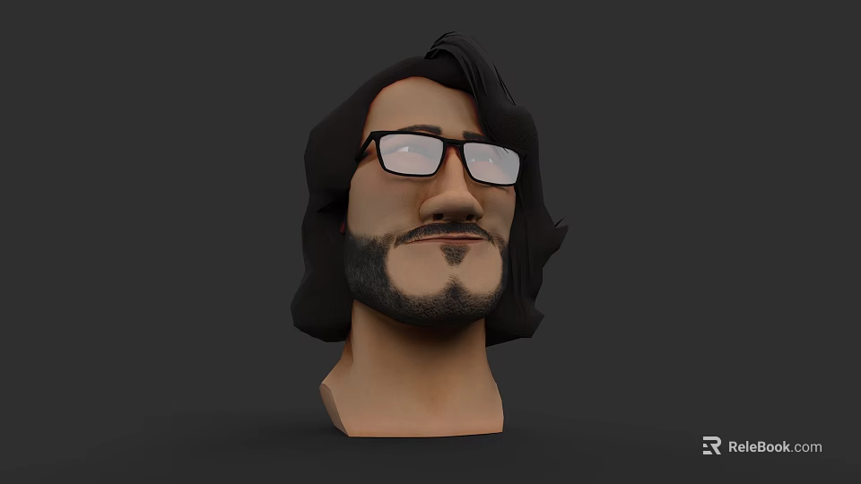 Game And Movie Character 3D Head Model With Long Black Hair Wearing Glasses And Beard 3d model 