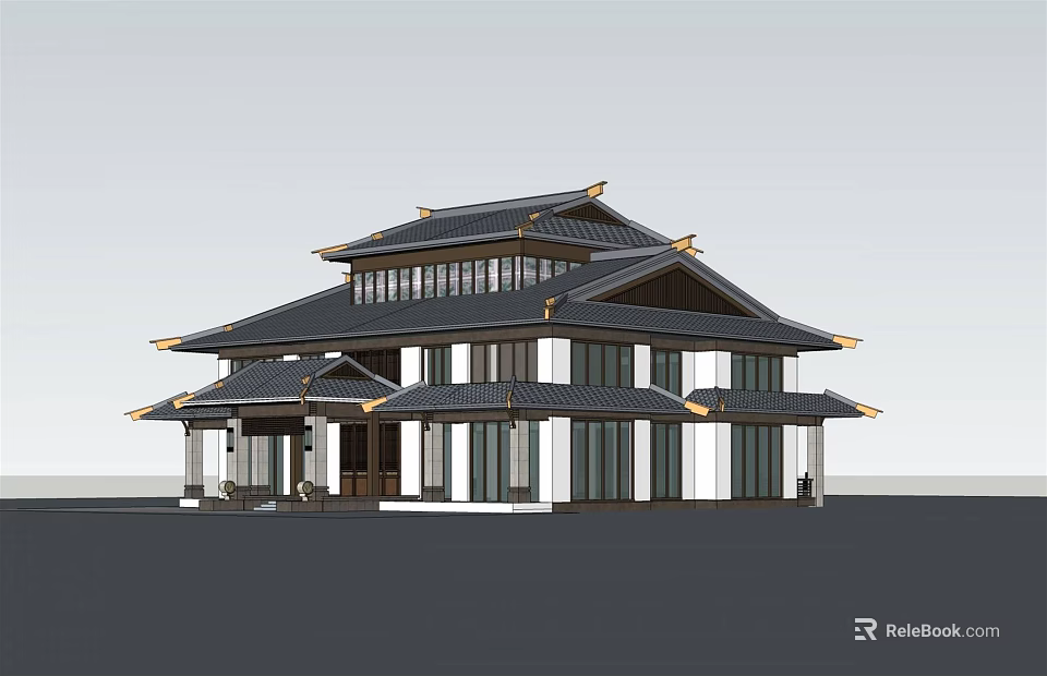Chinese Style Sales Office Building with Traditional Overhanging Eaves Black Roof and White Walls 3d model 