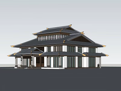 Chinese Style Sales Office Building with Traditional Overhanging Eaves Black Roof and White Walls 3d model
